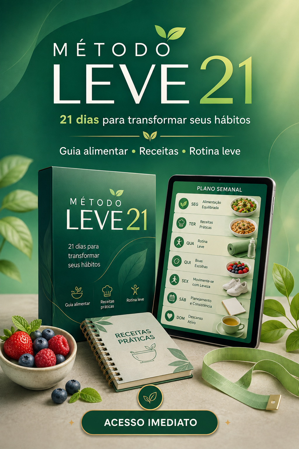 Materiais do Método Leve 21: guia, plano semanal e receitas práticas